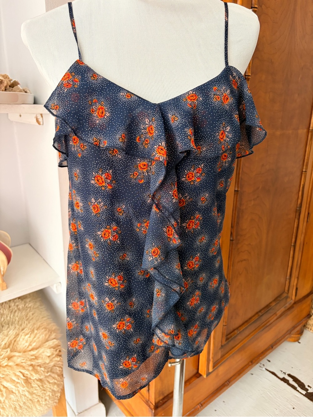 Navy Floral Ruffle Cami with Orange Accents